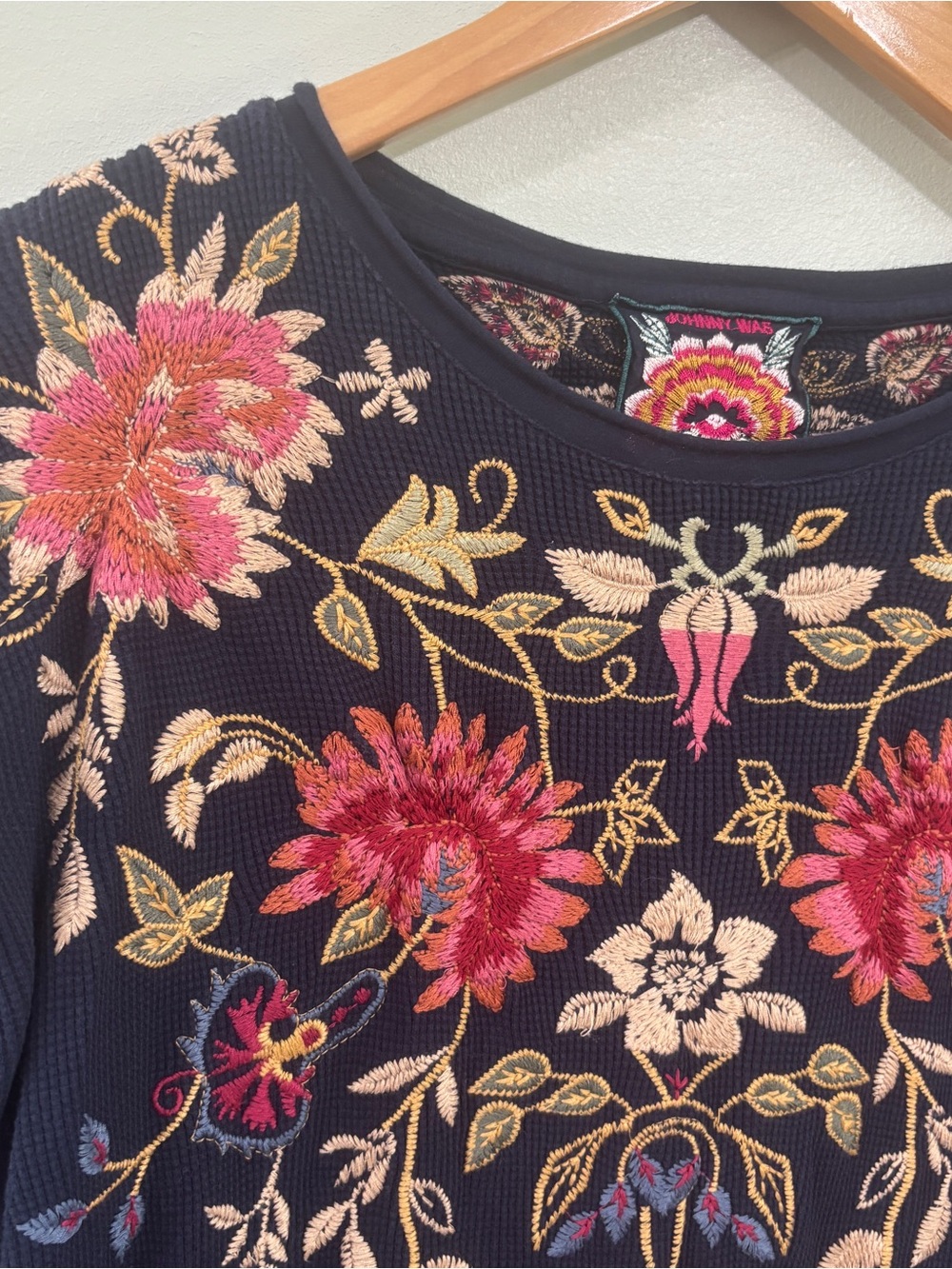 Johnny Was Ioana long sleeve floral embroidered thermal navy blue large - Picture 2 of 9